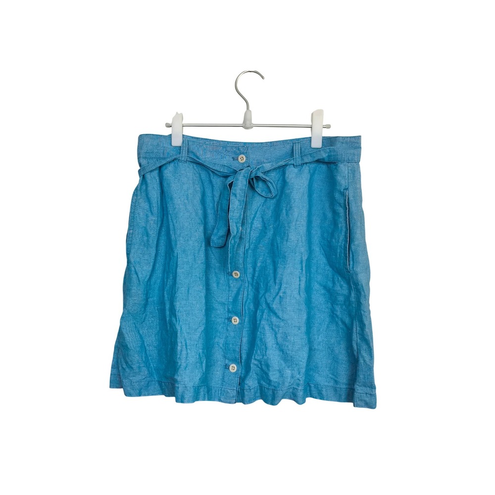 Madewell Linen Cotton Button Front Mini Skirt Indigo Blue Tie Waist 14
